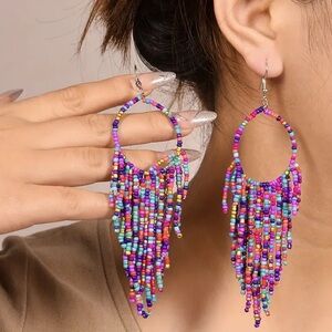 Boho Style Seed Beaded Dangle Earrings Handcrafted Multicolor Bead Earrings